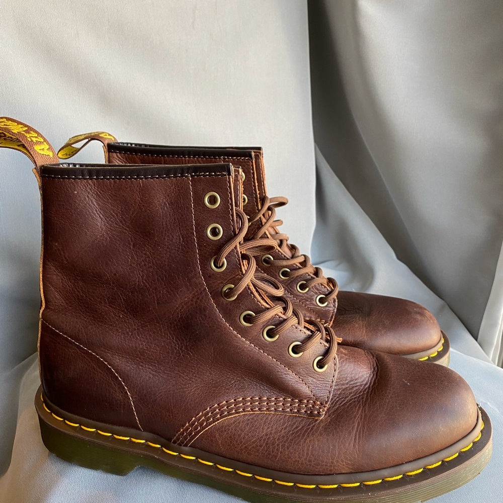 Dr. Martens 8 eyelet boots, brown, mens size 11, beautifully broken in